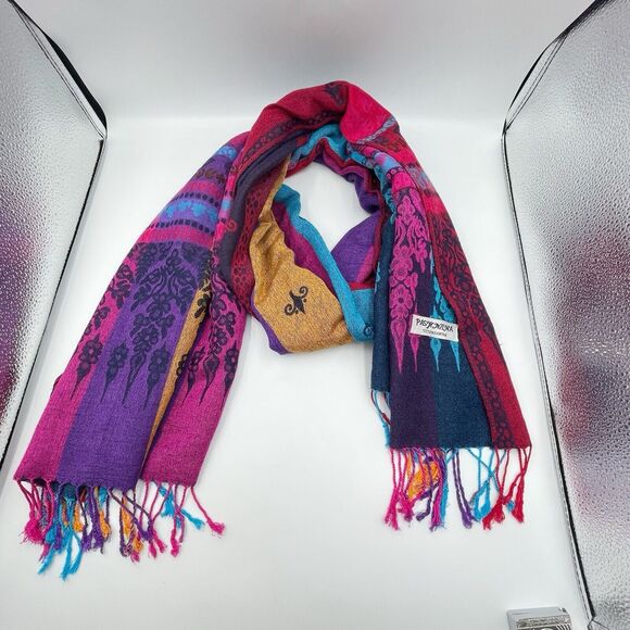 Pashmina Scarf Wrap Shawl 100% Pashmina Multicolor Fringe Boho 68x27 In - Picture 6 of 9